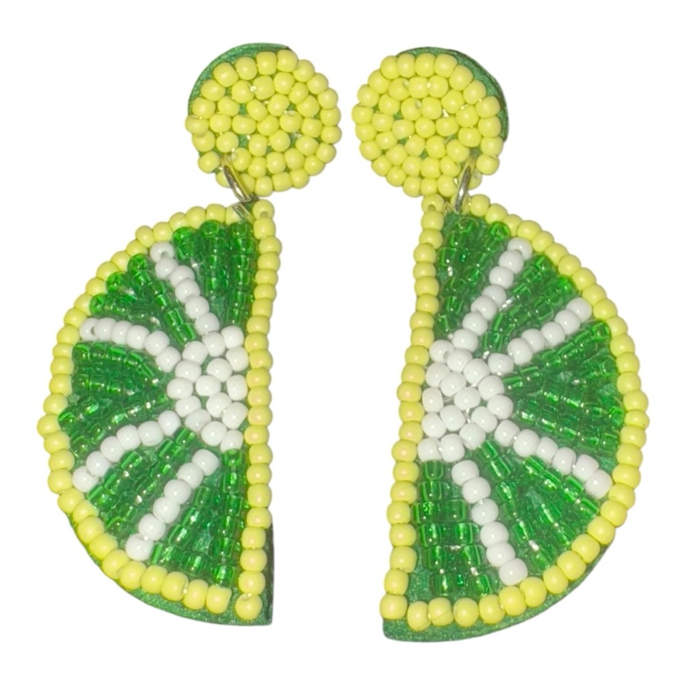 Beaded Lime Slice Statement Earrings Green Yellow Citrus Margarita Night J23
